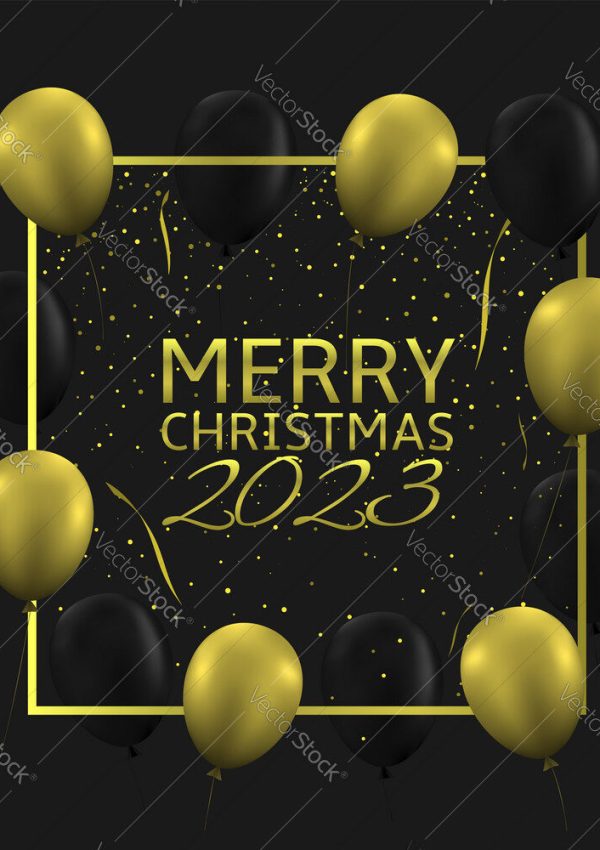 merry-christmas-2023-golden-and-black-balloons-vector-43529738